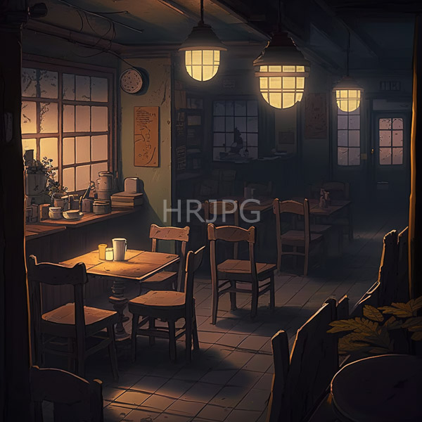 High Resolution: Dimly lit rustic cafe dusk Warm yellow light from hanging lamps casts soft shadows wooden chairs and tables download. | HRJPG.com