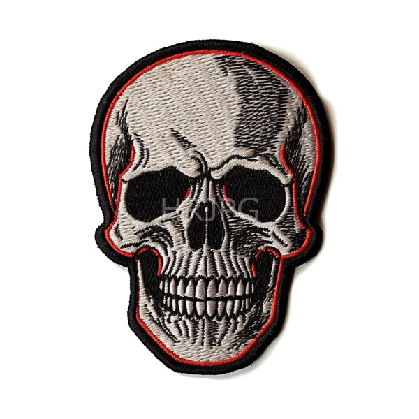 High Resolution: Detailed embroidered skull patch white skull rendered black and white intricate shading featuring hollow eye sockets prominent nose cavity download. | HRJPG.com