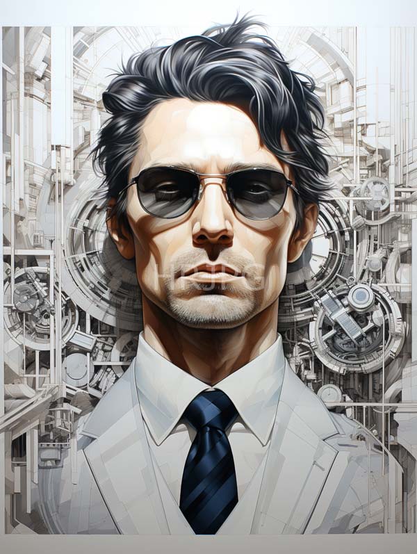 High Resolution: Serious middle-aged man wavy black hair wearing dark sunglasses white shirt blue striped tie His pale skin contrasts intricate download. | HRJPG.com