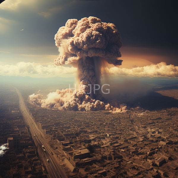 High Resolution: Massive mushroom-shaped explosion cloud rising cityscape below explosion dense pinkish-gray smoke dominates center casting shadow over grid-like download. | HRJPG.com