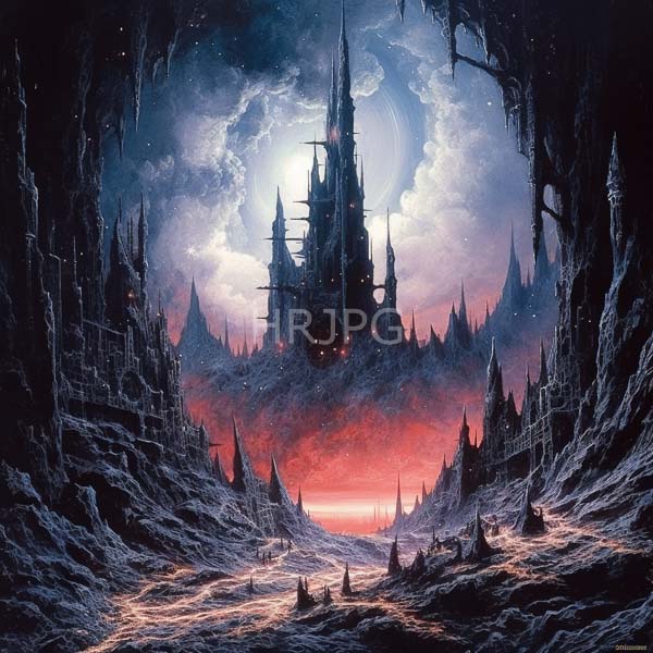 High Resolution: Dark rocky cave entrance leading foreboding gothic castle spires large glowing red eye features dramatic cloudy sky full download. | HRJPG.com
