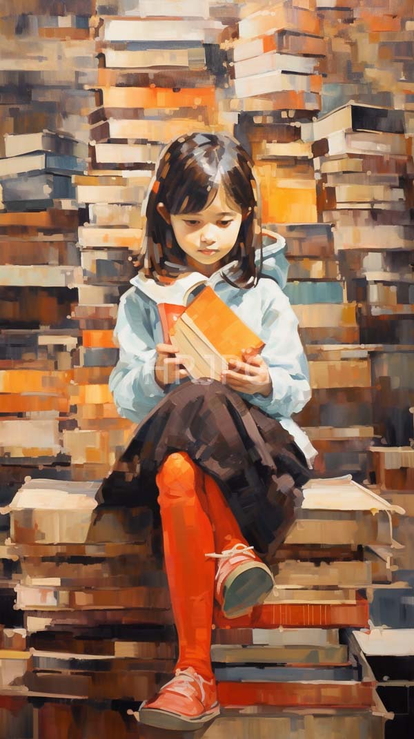 High Resolution: Young girl medium-length brown hair wearing light blue shirt black skirt bright orange leggings sitting stack colorful books download. | HRJPG.com