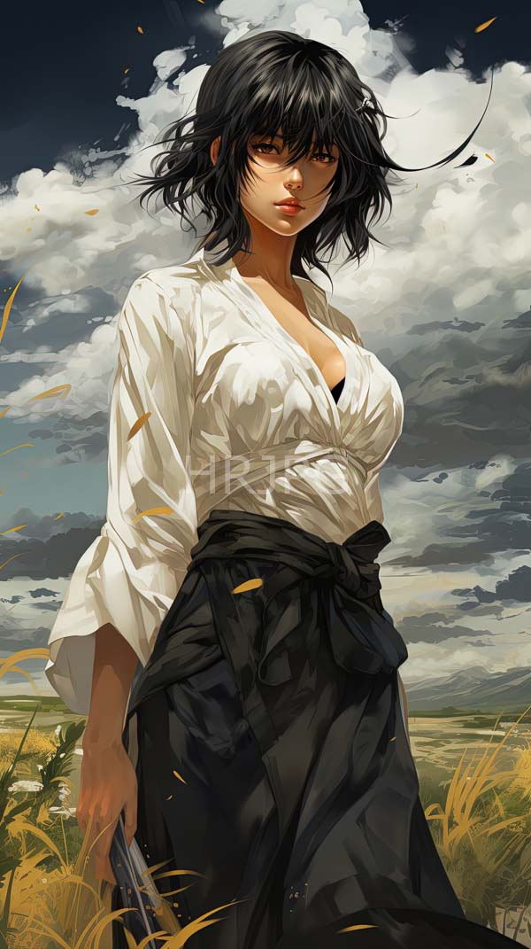 High Resolution: Young woman short black hair brown eyes light skin standing grassy field She wears white low-cut tied kimono-style top revealing download. | HRJPG.com