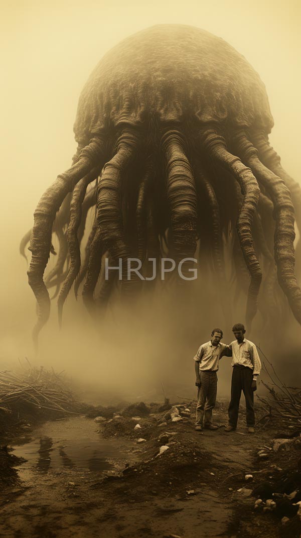 High Resolution: Sepia-toned two men 1940s-style clothing standing front massive tentacled sea monster numerous thick textured tentacles download. | HRJPG.com