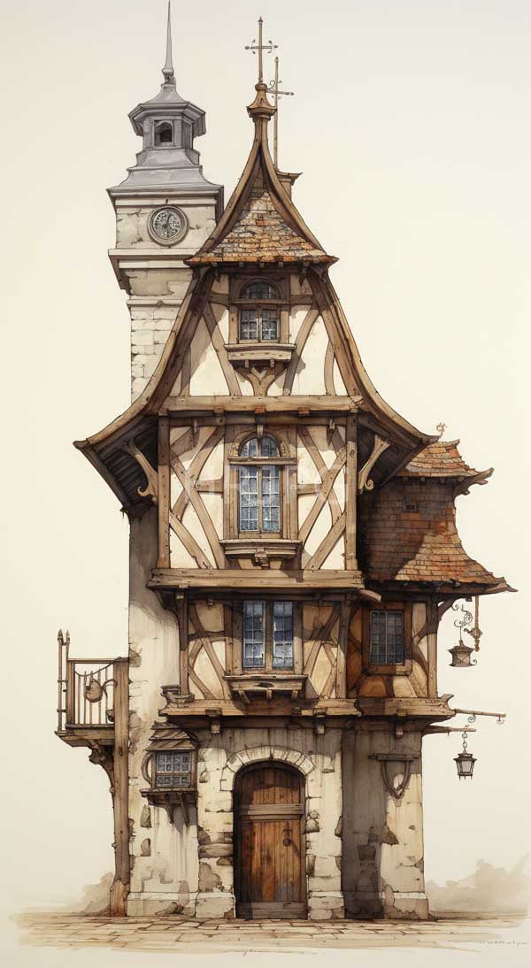 High Resolution: Detailed watercolor medieval-style timber-framed house steep gabled roof house features white and brown wooden beams small arched windows download. | HRJPG.com