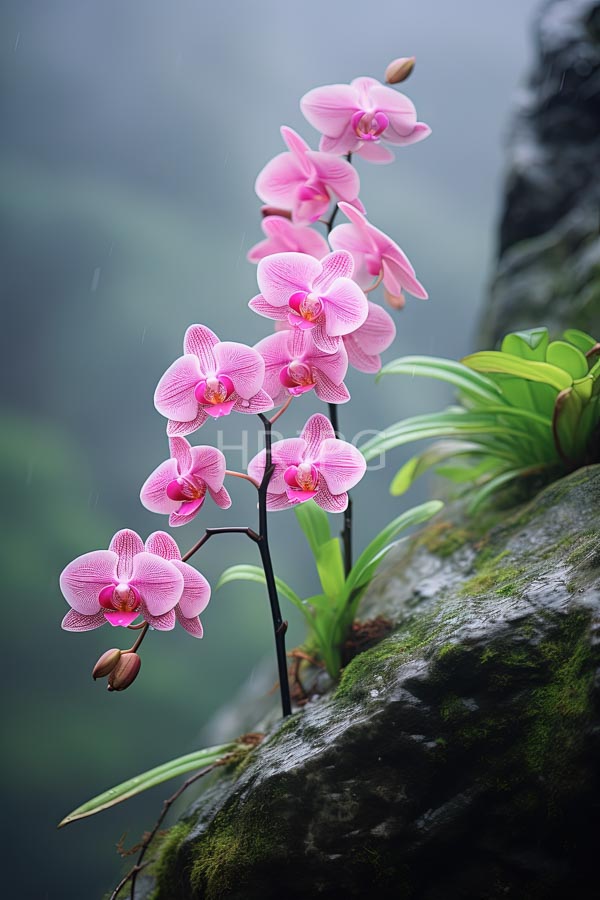 High Resolution: Vibrant pink orchid multiple blossoms and buds growing from moss-covered rock orchids have delicate ruffled petals and yellow centers download. | HRJPG.com