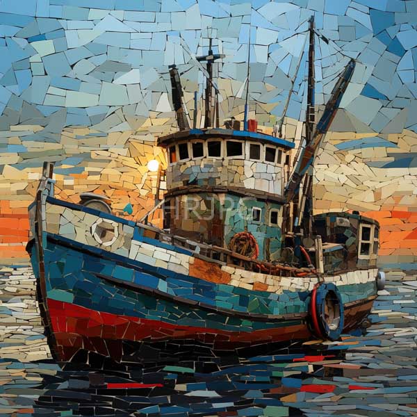 High Resolution: Mosaic colorful fishing boat calm waters boat blue and red hull features white cabin multiple windows and antennas download. | HRJPG.com