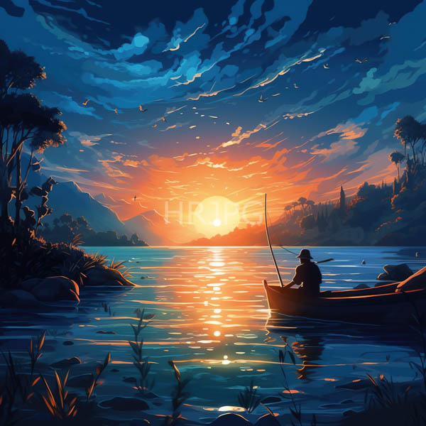 High Resolution: Serene sunset over calm lake lone fisherman silhouetted sits small boat holding fishing rod sky vibrant orange pink and download. | HRJPG.com