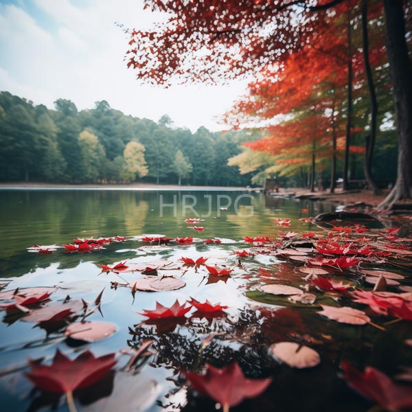 High Resolution: Serene lake red and orange autumn leaves floating water's surface features dense forest mix green and autumn-colored trees download. | HRJPG.com