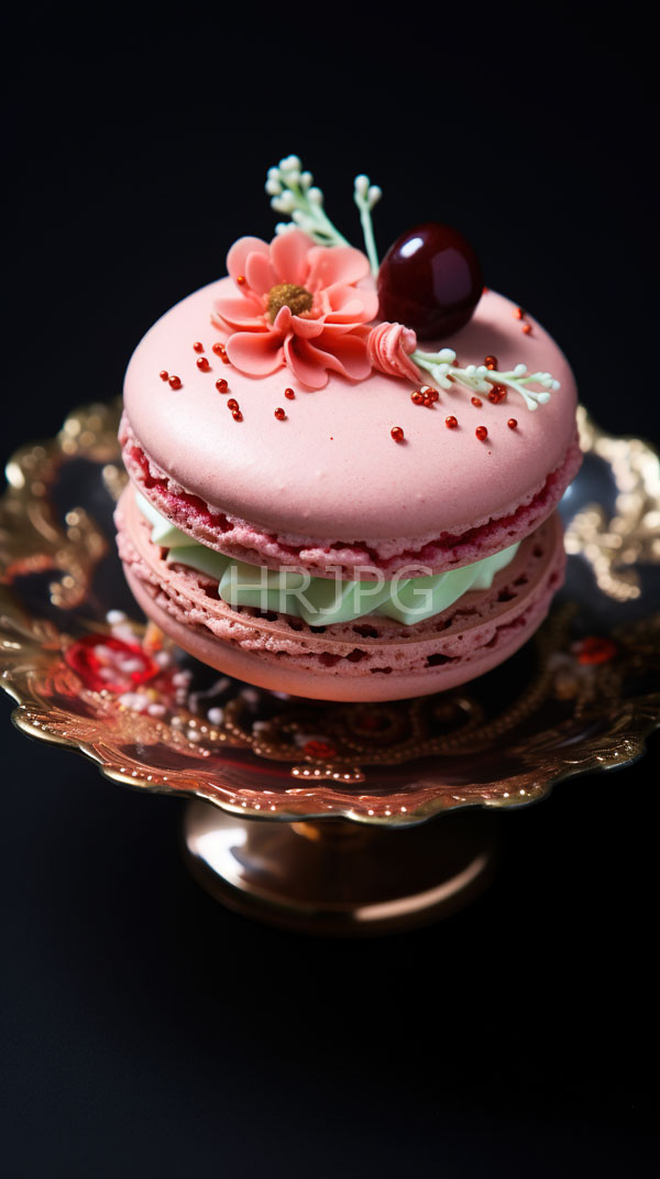 High Resolution: Delicate pink macaron cake mint green filling topped pink flower shiny red cherry small red sprinkles cake displayed ornate download. | HRJPG.com
