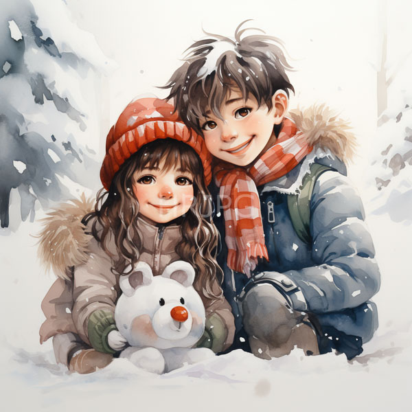 High Resolution: Cute snowy winter scene young boy and girl girl long brown hair rosy cheeks wears red beanie green mittens download. | HRJPG.com