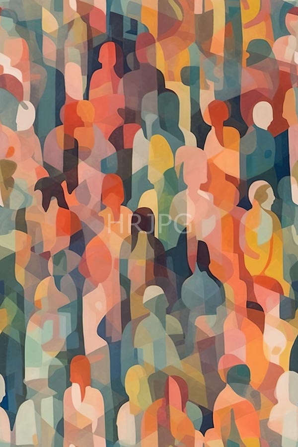 High Resolution: Abstract dense colorful crowd overlapping stylized human figures figures composed geometric shapes vibrant hues orange red blue green and download. | HRJPG.com