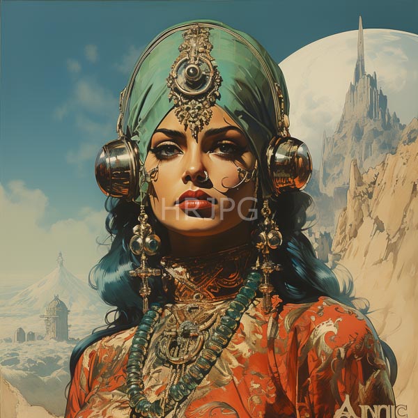 High Resolution: Dark-skinned woman teal hair wearing green headscarf adorned intricate jewelry metallic headphones She has red lipstick detailed facial markings download. | HRJPG.com