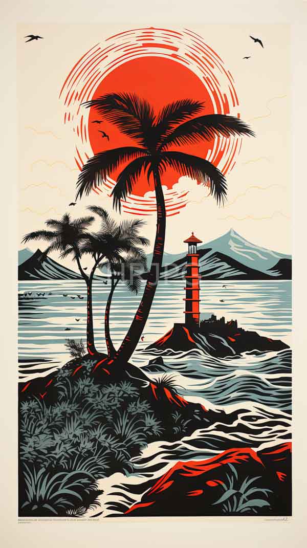 High Resolution: Vintage stylized art style depicts tropical island two tall palm trees foreground red lighthouse small island midground and large download. | HRJPG.com
