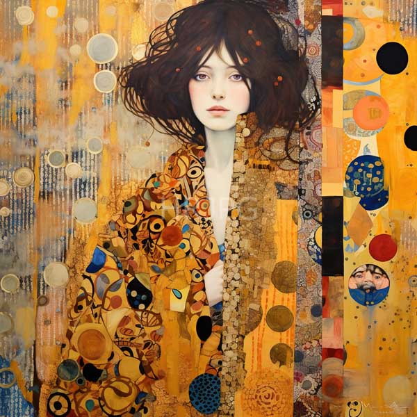 High Resolution: Young woman pale skin dark wavy hair She wears vibrant patterned robe featuring intricate abstract designs orange yellow and black download. | HRJPG.com