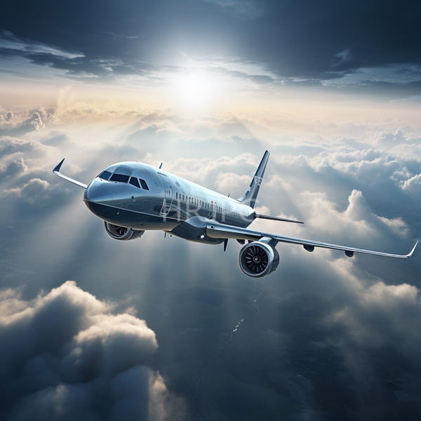 High Resolution: Photorealistic silver commercial airplane flying through dense layer fluffy illuminated clouds sunrise plane "Lufthansa" written its side has two download. | HRJPG.com