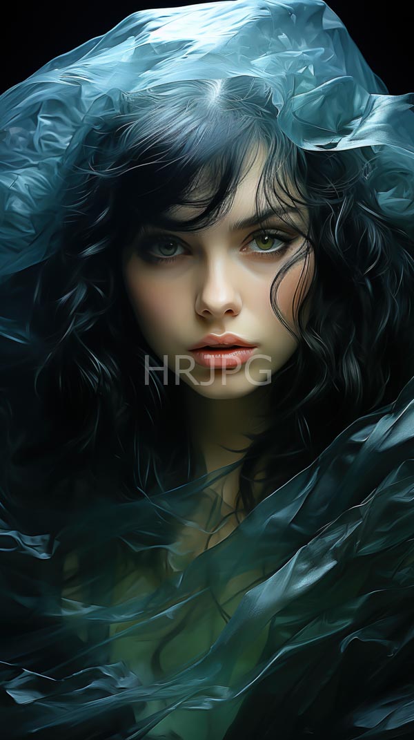 High Resolution: Young woman pale skin green eyes wavy black hair partially obscured translucent flowing teal fabric Her expression serious and slightly download. | HRJPG.com
