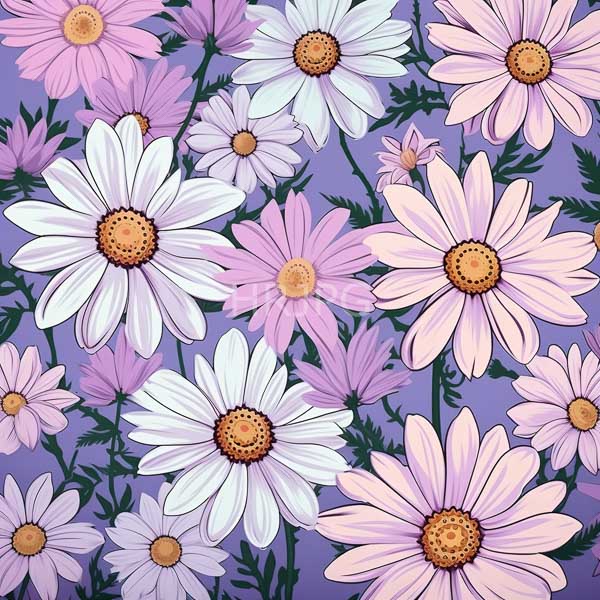 High Resolution: Vibrant floral pattern features pink white and purple daisies yellow centers flowers scattered purple green leaves subtly visible download. | HRJPG.com