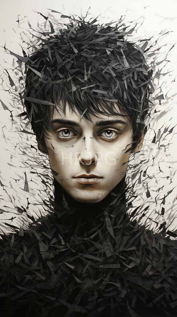 High Resolution: Young androgynous person pale skin dark messy hair intense green eyes Black jagged paper fragments surround their head and shoulders download. | HRJPG.com