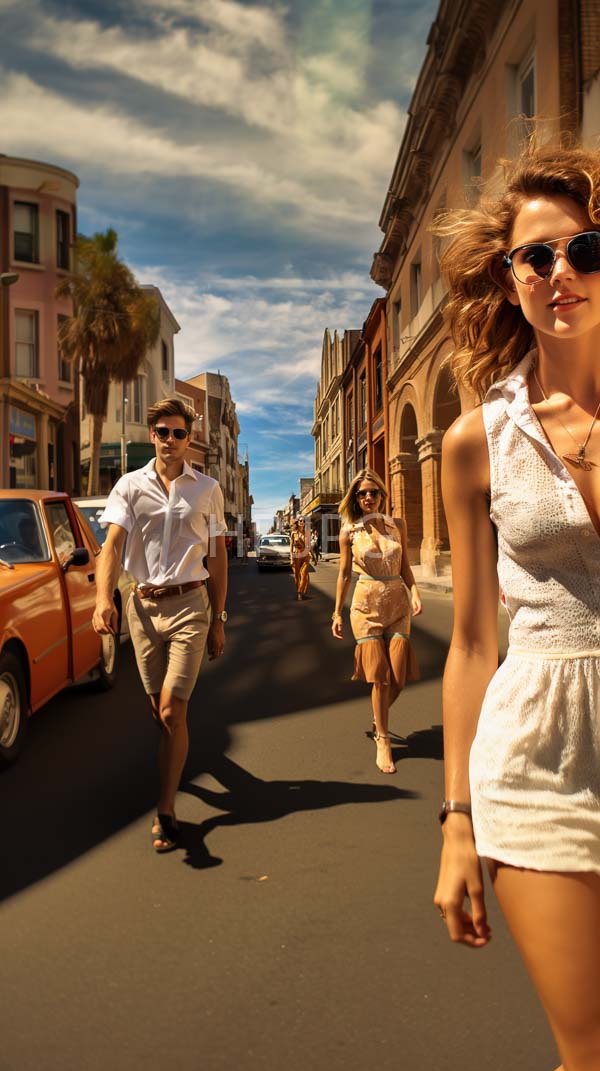 High Resolution: Sunny urban street three young adults walking Foreground slim light-skinned woman wavy brown hair wearing white sleeveless textured dress download. | HRJPG.com