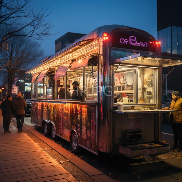 High Resolution: Vintage-style illuminated food truck dusk neon "Of Bread" sign truck's metallic exterior reflects warm yellow lights Inside person winter download. | HRJPG.com