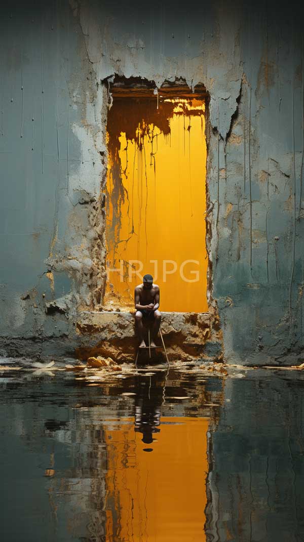 High Resolution: Solitary dark-skinned man muscular build seated floor front large rectangular yellow-lit hole weathered blue-gray concrete wall download. | HRJPG.com