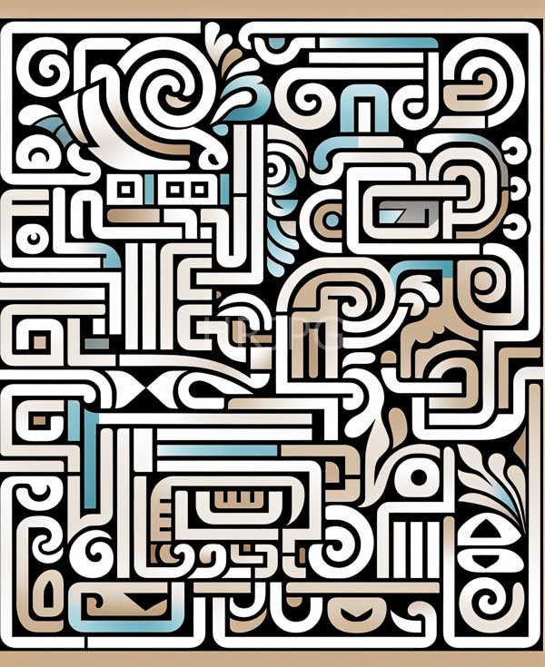 High Resolution: Abstract geometric pattern intricate interlocking shapes black white beige and light blue design includes swirling lines rectangular blocks and download. | HRJPG.com