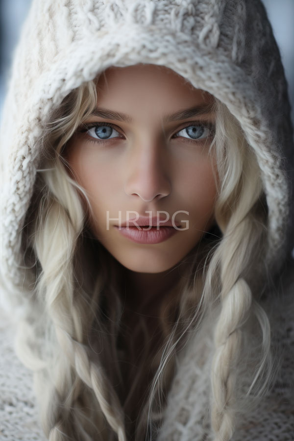 High Resolution: Young woman fair skin blue eyes long wavy blonde hair wearing knitted beige hooded sweater Her expression neutral with slightly download. | HRJPG.com