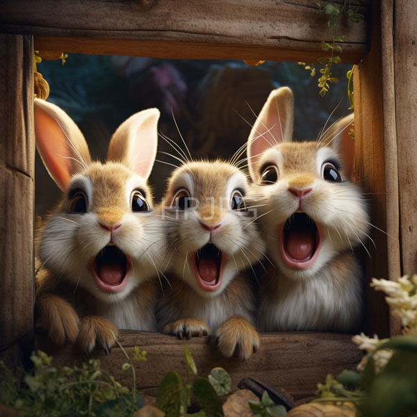 High Resolution: Three adorable fluffy brown and white baby rabbits large expressive eyes open mouths peering excitedly through wooden window download. | HRJPG.com