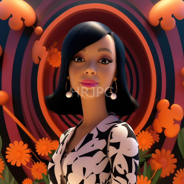 High Resolution: Portrait young Black woman smooth dark skin short sleek black hair She wears black and white floral blouse gold download. | HRJPG.com