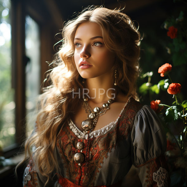 High Resolution: Photorealistic portrait beautiful young woman wavy golden-blonde hair fair skin blue eyes She wears detailed medieval-style dress red and download. | HRJPG.com