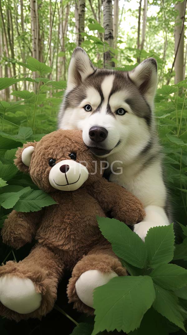 High Resolution: Siberian Husky striking black and white fur nestled lush green forest Husky expressive blue eyes gentle smile holds brown download. | HRJPG.com