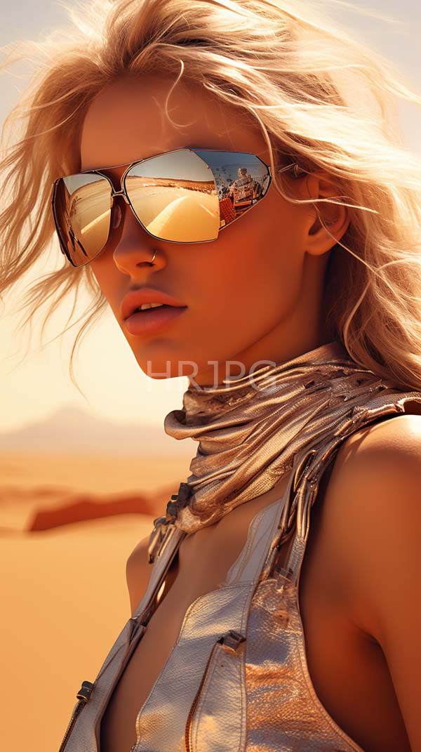 High Resolution: Blonde woman tousled hair wearing reflective aviator sunglasses metallic silver top high-neck scarf She has light skin and full download. | HRJPG.com