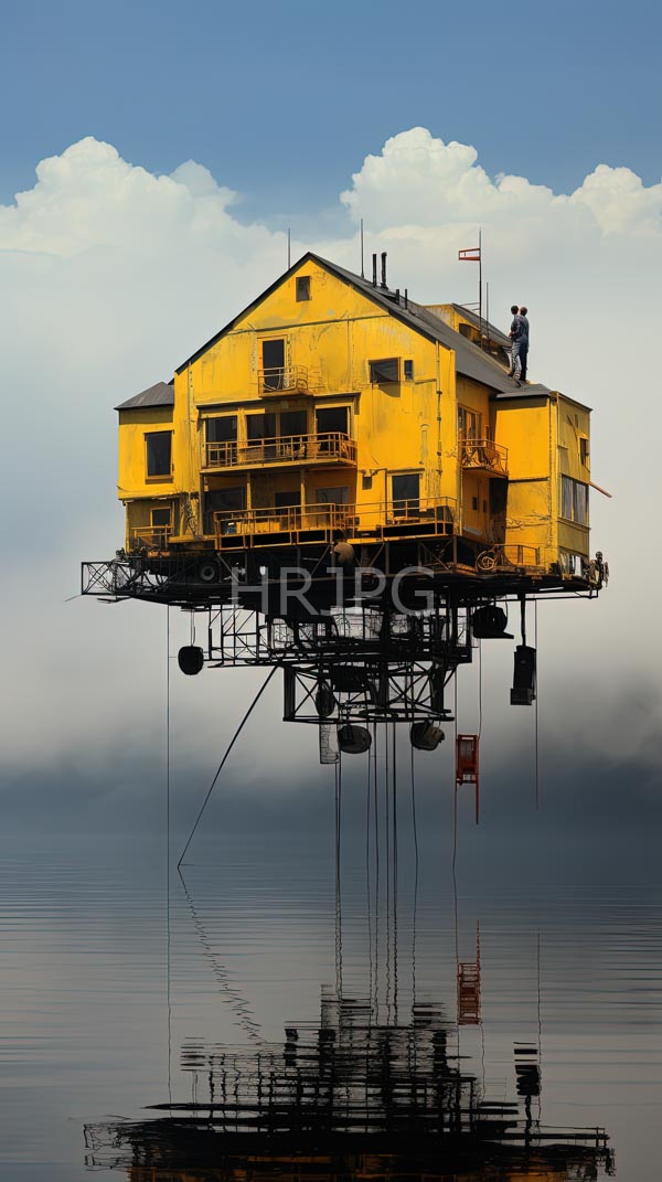 High Resolution: Yellow industrial-style building metal platform floating above calm water building has multiple windows small balcony and flag roof download. | HRJPG.com