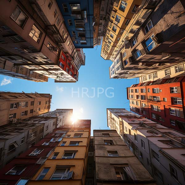 High Resolution: Narrow urban alleyway viewed from bottom looking up clear blue sky Surrounding alley are tall closely-packed multi-story apartment buildings download. | HRJPG.com