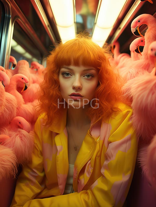 High Resolution: Pale-skinned red-haired woman curly hair wearing yellow and pink patterned jacket sitting bus filled pink flamingos She has serious download. | HRJPG.com