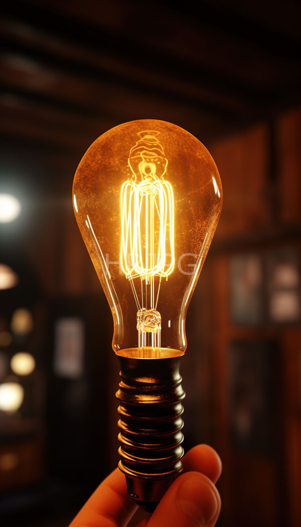 High Resolution: Hand holding glowing vintage-style incandescent light bulb clear glass metallic screw base bulb's filament brightly illuminated casting warm orange-yellow download. | HRJPG.com