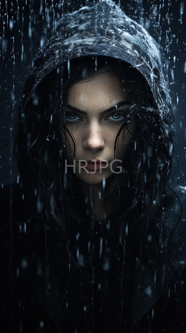 High Resolution: Young woman pale skin intense blue eyes standing rain She has long wet dark hair and wears black hooded download. | HRJPG.com