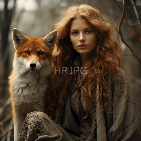 High Resolution: Fair-skinned red-haired woman wavy hair wearing brown textured robe sitting beside red fox white and orange fur download. | HRJPG.com