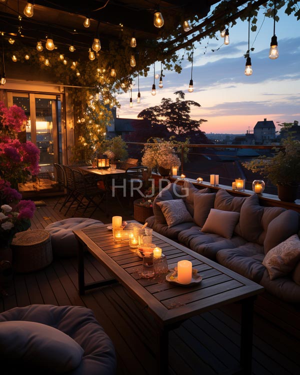 High Resolution: Cozy rooftop terrace sunset Warm string lights hang above illuminating wooden table lit candles surrounded plush beige cushions and download. | HRJPG.com