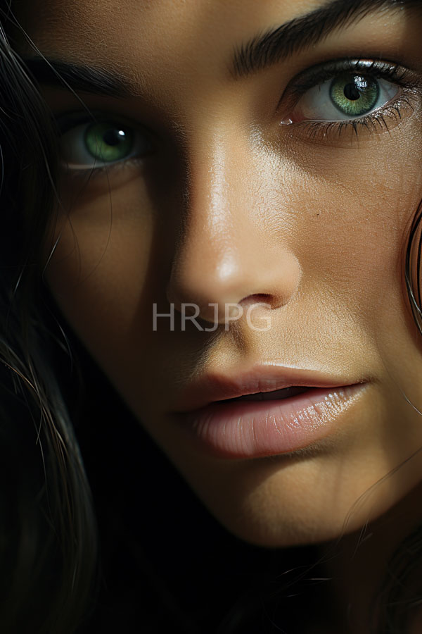 High Resolution: Close-up light-skinned woman striking green eyes full lips dark brown hair Her skin smooth slight sheen and her eyebrows download. | HRJPG.com