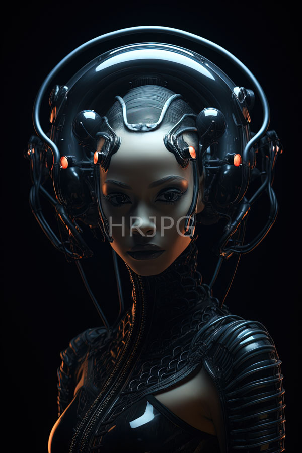 High Resolution: Hyper-realistic futuristic woman pale skin dark intense eyes She wears sleek black high-tech suit intricate scale-like patterns download. | HRJPG.com