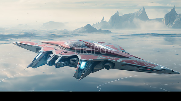 High Resolution: Sleek futuristic red and silver flying vehicle glowing blue accents soaring above reflective misty landscape features distant jagged mountain download. | HRJPG.com