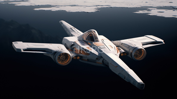 High Resolution: Futuristic white and gray spaceship orange accents flying over dark reflective ocean scattered white icebergs ship has sleek triangular download. | HRJPG.com