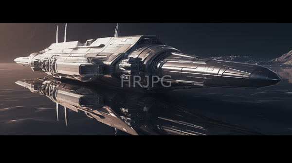 High Resolution: Sleek metallic futuristic spaceship pointed nose reflective surface intricate detailing floating calm reflective water surface ship illuminated soft download. | HRJPG.com