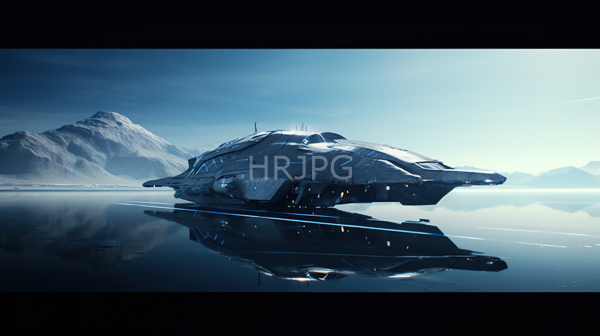 High Resolution: Sleek futuristic spaceship streamlined design floating calm reflective lake illuminated small glowing lights reflects perfectly water download. | HRJPG.com