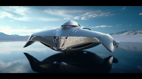High Resolution: Sleek futuristic flying car silver aerodynamic design hovering above reflective glassy surface car has streamlined shape curved wings central download. | HRJPG.com
