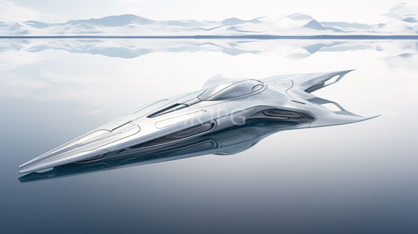 High Resolution: Sleek futuristic silver spaceship aerodynamic curves smooth reflective surfaces floating above calm mirror-like lake features distant snow-capped mountain download. | HRJPG.com