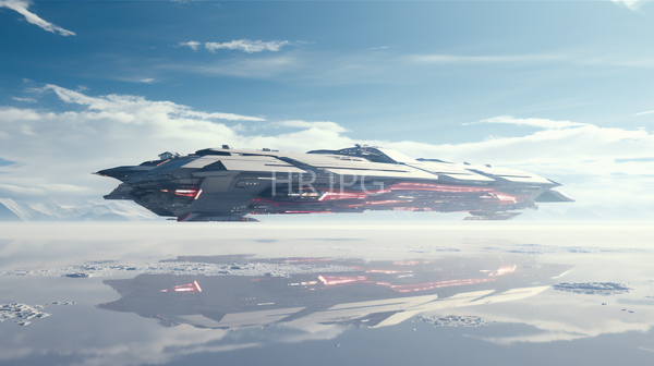 High Resolution: Futuristic black and red angular spacecraft hovering above reflective icy landscape ship features glowing red lights intricate mechanical details download. | HRJPG.com