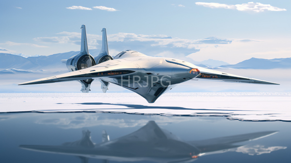 High Resolution: Sleek futuristic silver-gray jet-like spacecraft twin engines hovering above reflective icy landscape spacecraft has pointed nose wide wings orange download. | HRJPG.com